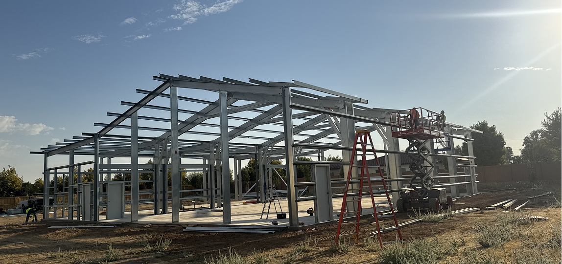Steel building frame under construction